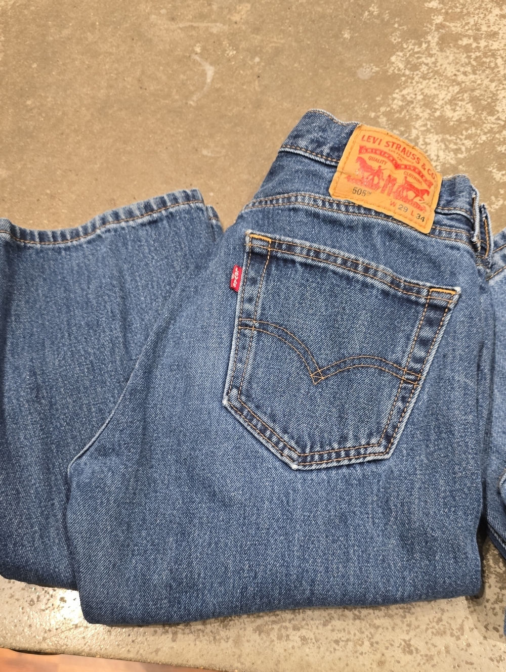 Bundle Of 2 Pairs Of Levi's Blue Denim 505 Jeans with Tan Leather Patch